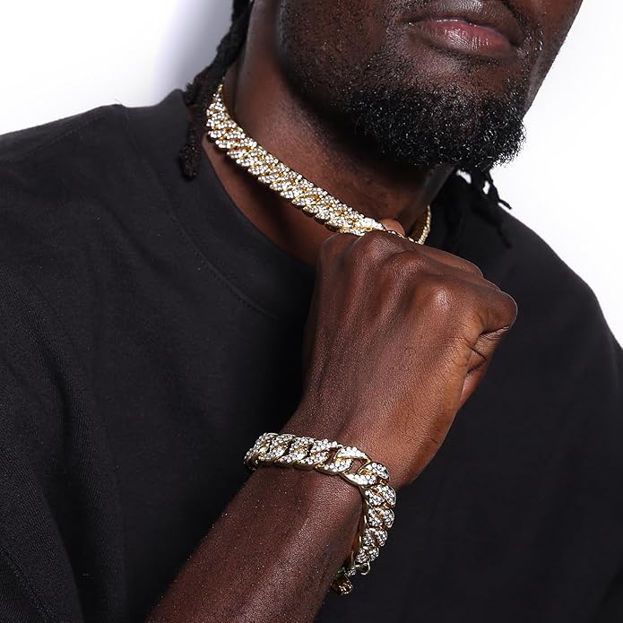 Saintda Cuban Link Chain and Bracelet Set for Men Women Iced Out Diamond Gift for Boys Hip Hop Rapper Jewelry
