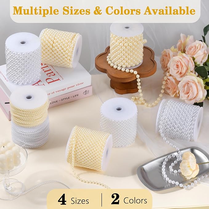 82 Feet Faux Pearl Garland, 6mm Pearl String Roll Strands, Extended String of Pearls Garland for Christmas Tree Wedding Party Decoration Centerpieces Flowers DIY Crafts (Ivory)