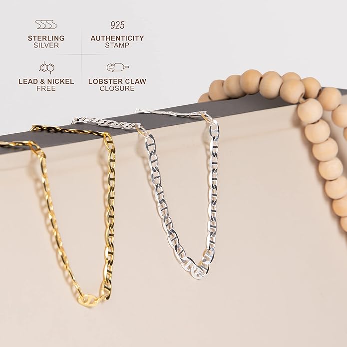 PORI JEWELERS 925 Sterling Silver 4.5mm Mariner Chain Link Anklet - Available in Silver or Yellow