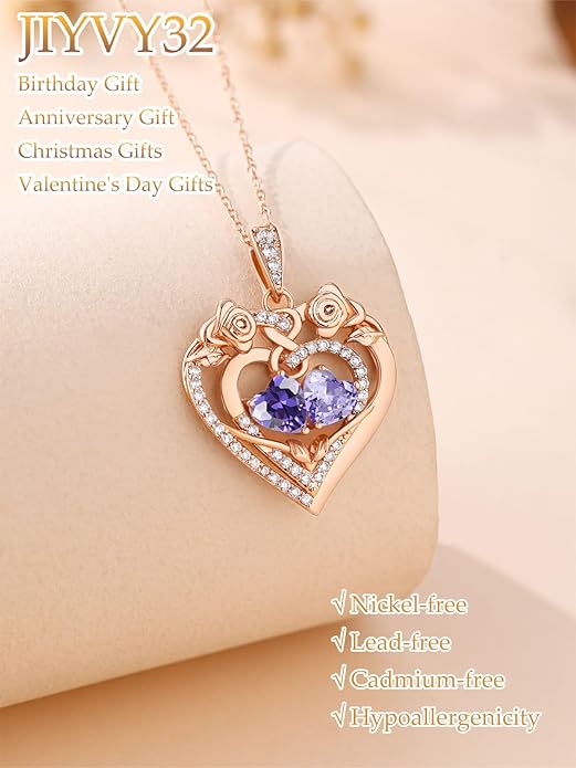 JIYVY32 Rose Heart Necklace for Women Exquisite 925 Sterling Silver Anniversary Birthday Gifts for Wife Mom Her Double Birthstone Pendant Jewelry
