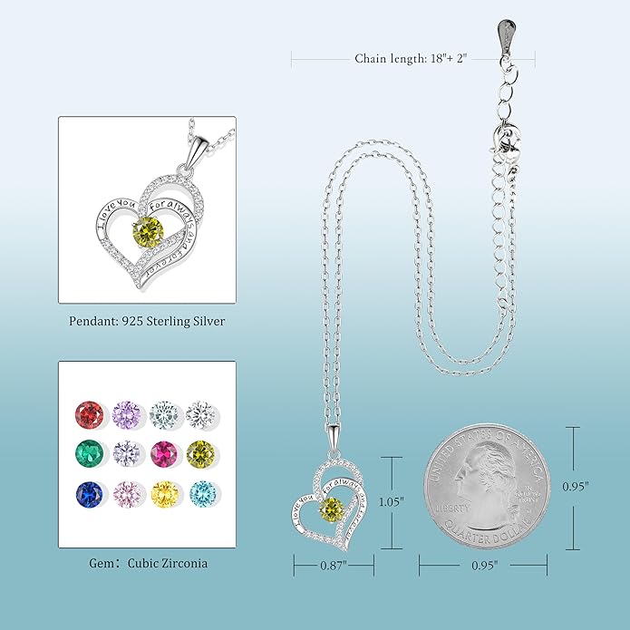 Heart Birthstone Silver Necklace for Women, S925 Sterling Silver Pendant Necklace Birthday Jewelry Gifts for Her Mother Mom Wife Girlfriend