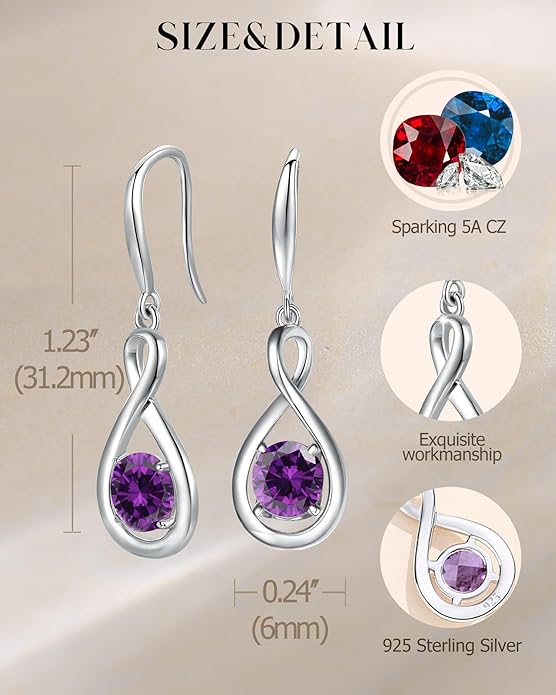 FANCIME Dangle Drop Earrings 925 Sterling Silver Dainty Infinity Round Gemstone Birthstone Jewelry Birthday Gifts for Her Women