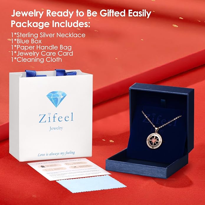 Zifeel Compass Necklace Gifts for Women wife - S925 Sterling Silver Birthstone Necklaces for Women - Anniversary Birthday Gifts for Her Wife Girlfriend - Valentines Mom Mothers Day Christmas Gifts Jewelry for Women