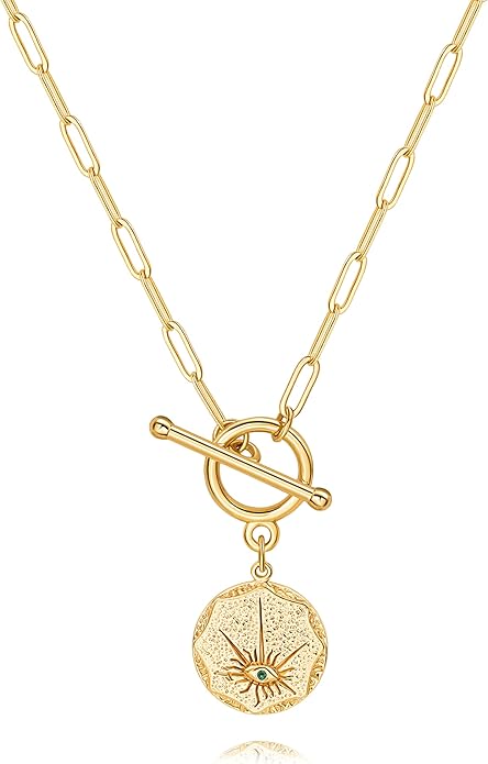 CANEVINKA Dainty Cross Medallion/Heart Pendant Chain Necklace 18K Gold Plated Oval Choker Fashion OT Toggle Jewelry Handmade for Women Simple Gold Charm Necklace