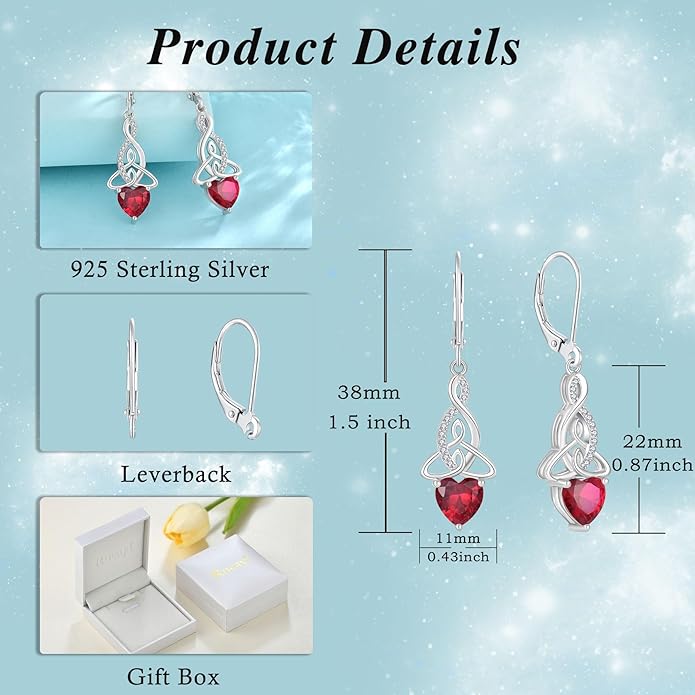 Infinity Celtic Knot Jewelry Set for Women 925 Sterling Silver Ruby Earrings and Necklace Set July Birthstone Jewelry Gifts for Her