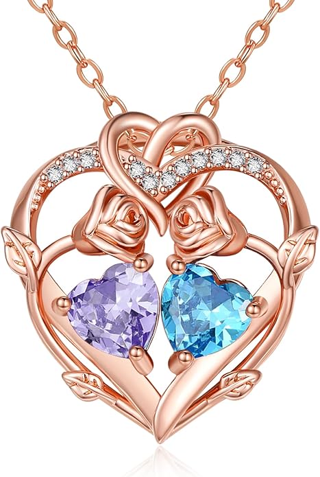 Rose Gold Necklaces for Women Double Birthstone Rose Flower Heart Pendant Necklace Jewelry Anniversary Christmas Valentine's Mother's Day Birthday Gift for Wife Mom Her Girlfriend Sister