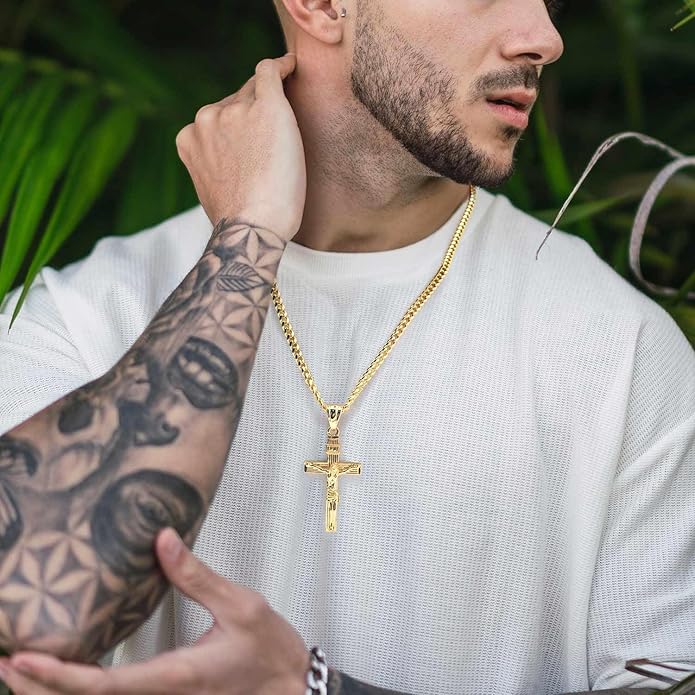 Gold Cross Necklace for Men 14K Gold Cross Necklace for Men Crosses Chain Necklaces for Mens Paired with 4.3mm Cuban Chain Crucifix Pendant Mens Crosses Necklaces 20/22/24in