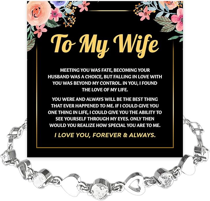 To My Wife Crystal Heart Bracelet Gift From Husband, Beautiful Wife Jewelry For Anniversary, Birthday, Christmas, Valentine’s Day, Bracelet For Her With Heartfelt Message & Elegant Box