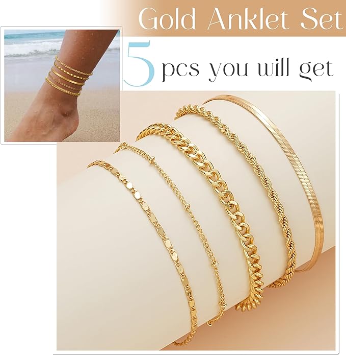 iF YOU Gold Ankle Bracelets for Women, 14k Gold Plated Waterproof Cuban Link Chain Anklets Set, Layered Anklet Bracelets for Women Beach Gift Adjustable Size 5pc