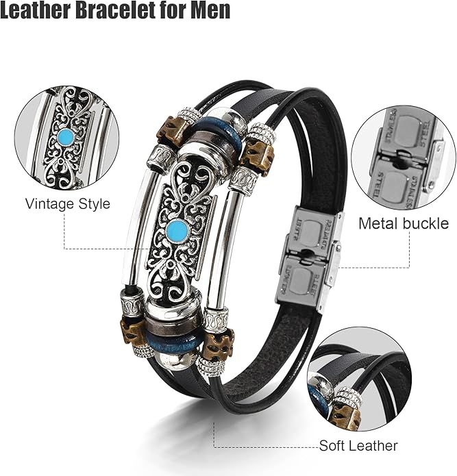 VIBILIA Vintage Leather Wrap Bracelets for Men Women, Multi-Strand Bracelets with Strong Clasp Ethnic Tribal Bracelets