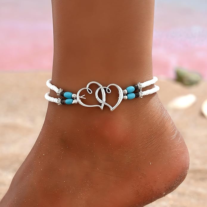 Shell Ankle Bracelet Set for Women, Gold Plated Boho Bead Adjustable Anklet, Hawaiian Beach Seashell Pearl Heart Starfish Conch Foot Jewelry Gifts