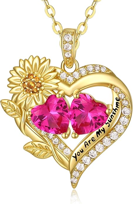 Sunflower Heart Necklace for Women 14K Gold Exquisite Anniversary Birthday Gifts for Wife Mother Her Double Birthstone Pendant jewelry‘You Are My Sunshine’