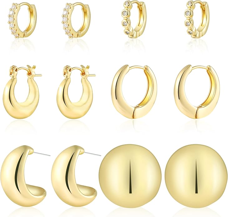 6 Pairs Gold Hoop Earrings for Women, 14K Gold Plated Chunky Huggie Hoop Earrings Set Hypoallergenic, Lightweight Twisted Open Hoops Jewelry for Christmas/Birthday Gifts.