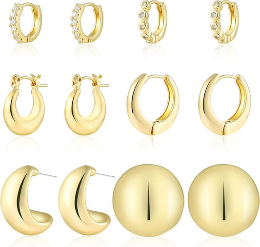 6 Pairs Gold Hoop Earrings for Women, 14K Gold Plated Chunky Huggie Hoop Earrings Set Hypoallergenic, Lightweight Twisted Open Hoops Jewelry for Christmas/Birthday Gifts.