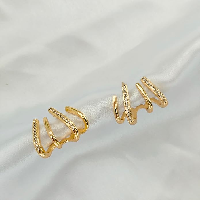 14K Gold Plated Hoop Earrings for Women Triple Huggie Illusion Stud Earring | Double Huggie Hoop Earrings for One Hole | Claw Ear Cuff Earring Jewelry Gift for Women