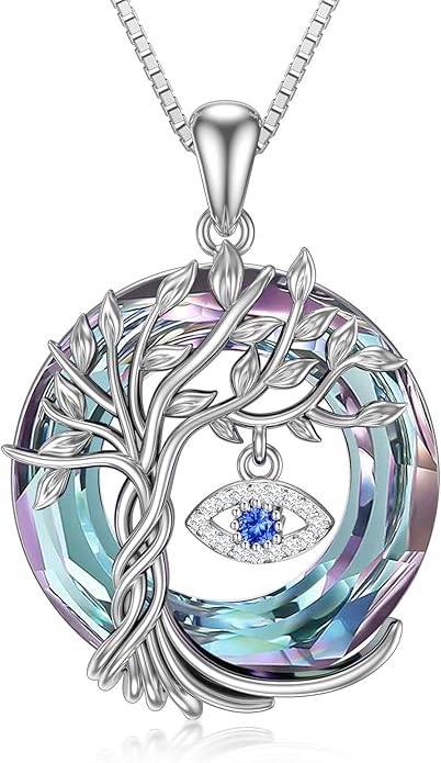 TOUPOP Evil Eye Necklace 925 Sterling Silver Tree of Life Circle Crystal Pendant Necklace Protection Jewelry Amulet Christmas Gifts for Women Her