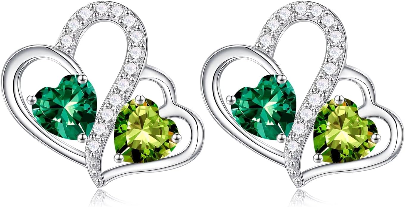 Iefil Valentines Day Gifts for Her - Birthstone Earrings Gift for Women, 925 Sterling Silver Double Heart Birthstone Earrings | Anniversary Birthday Gifts for Women, Personalized Jewelry for Wife Mom