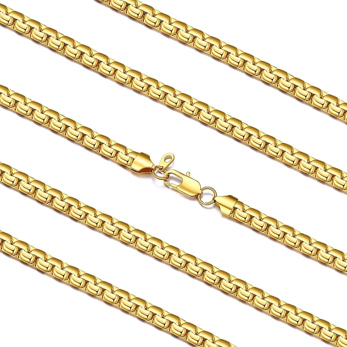FaithHeart Mens Black/Silver/Gold Stainless Steel Flat Box Link Chain Necklace, Stylish 2/4/6/8mm Width Box Chains Necklaces for Men Non Tarnish Hip Hop Chain Jewelry Gifts,14"-30" Length