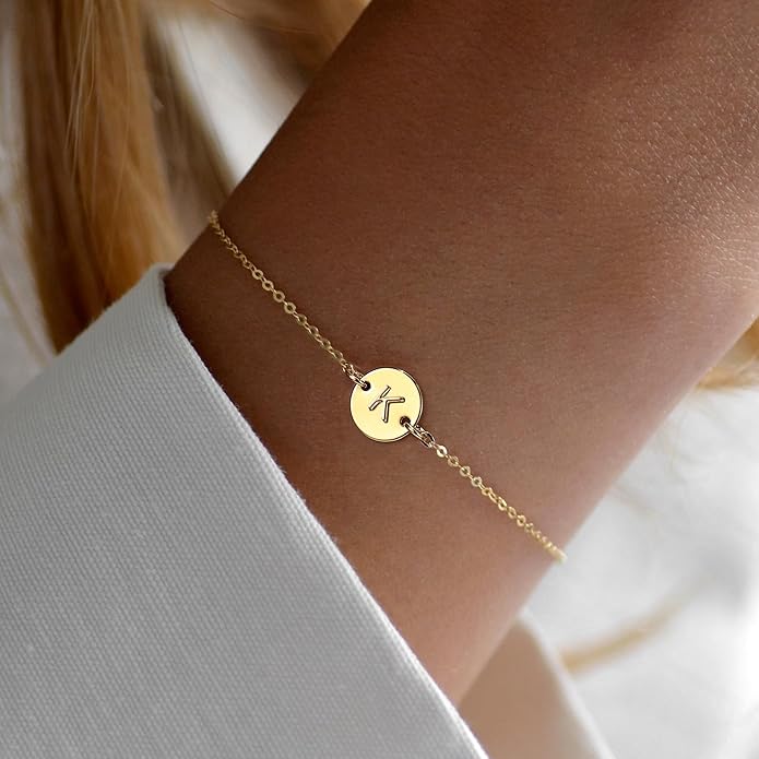 Ursteel Gold Initial Bracelet for Women Trendy - Personalized A-Z Letter Cute Bracelet for Women, Dainty Gold Coin Disc Womens Jewelry Gifts
