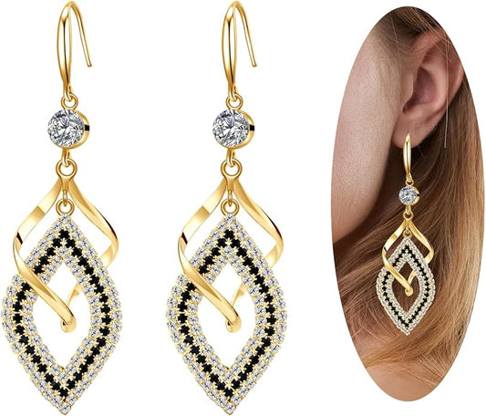 Dangle Earrings for Women, 925 Sterling Silver Handmade Linear Swirl Wire Bohemian Boho 14K Gold Diamonds Earrings Hypoallergenic Fashion Jewelry Gifts for women