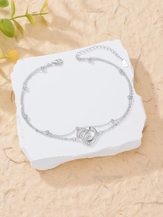Dorunmo Initial Anklet 925 Sterling Silver Letter A-Z Layered Heart Anklet Beach Jewelry Birthday Gifts for Women