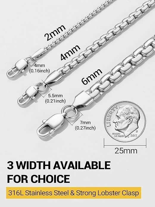 PROSTEEL Stylish Stainless Steel Round Link Chain Necklace for Men, 2mm/4mm/6mm/8mm. Silver/Gold/Black Tone, Hypoallergenic Jewelry, 14"-30", Come with Box