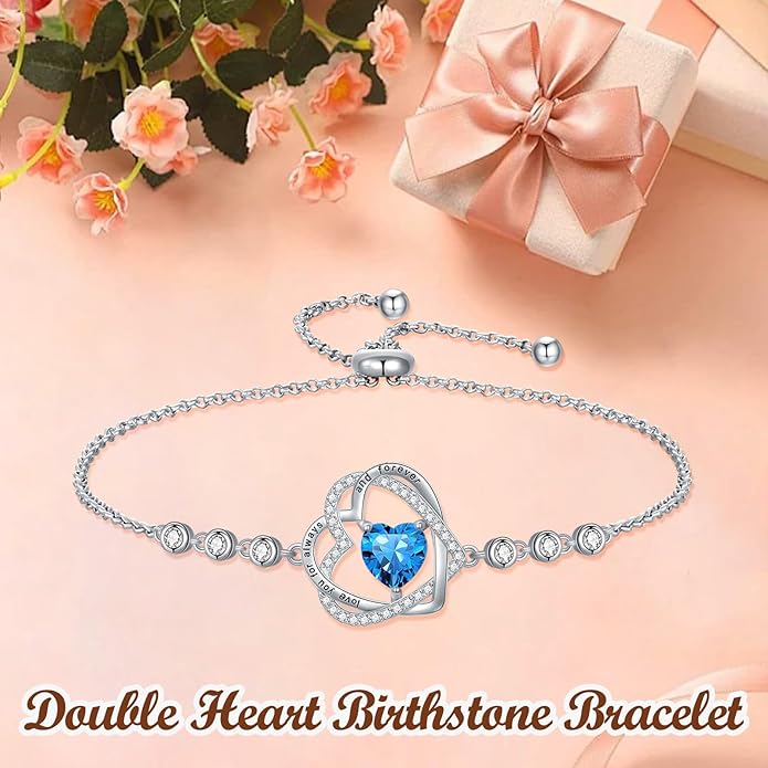 TOUPOP Heart Birthstone Bracelet 925 Sterling Silver Double Heart Bracelet Love You for Always and Forever Jewelry Anniversary Birthday Christmas Gifts for Women Wife Her
