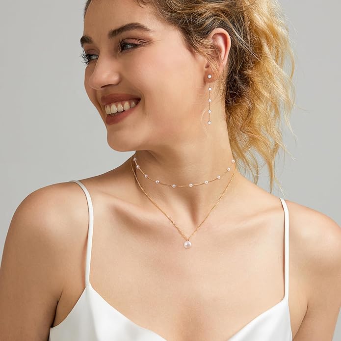 Gold Jewelry Set for Women - Dainty 14K Gold/Silver Plated Pearl Choker Necklace, Drop Earrings & Bracelets - Wedding Trendy Pearl Jewelry Gift