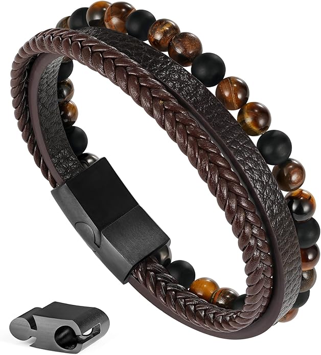 Gifts for Men - Layered Leather Beads Bracelet, Tiger Eye Lava Rock Stone Braided Leather Bracelets for Men Adjustable Magnetic Clasp Birthday Gifts