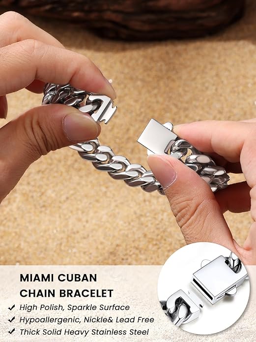 Bestyle Thick Mens Cuban Link Chain Bracelets, Durable Real 18K Gold/Black Metal Plated Solid Stainless Steel Hand Chain Cuban Bracelets for Men, Silver Black Gold Bracelets for Father Husband