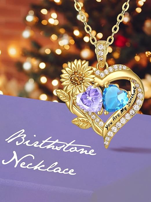 Sunflower Heart Necklace for Women 14K Gold Exquisite Anniversary Birthday Gifts for Wife Mother Her Double Birthstone Pendant jewelry‘You Are My Sunshine’