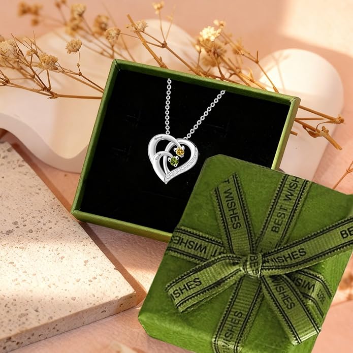 JOBFLY S925 Sterling Silver Customized 2 Birthstone Heart Necklace with 2 Name Engraved Personalized Mother Daughter Necklace Couple Jewelry Christmas Birthday Gift