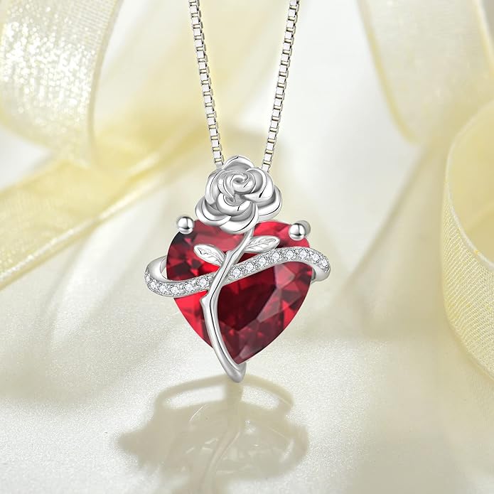 Birthstone Necklace for Women 925 Sterling Silver Love Heart Rose Flower Necklace Dainty Jewelry Gifts for Women Wife Girlfriend Mother Daughter Her