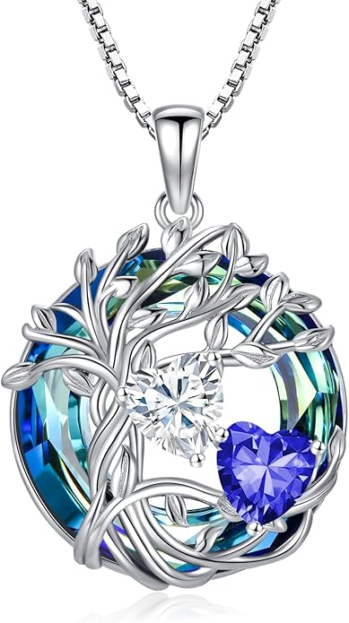 TOUPOP s925 Sterling Silver Family Celtic Tree of Life Pendant Necklaces with 2 Heart Birthstone with Blue Austrian Crystal Jewelry Birthday Anniversary Christmas Gifts for Her Wife Girlfriend Mom (18K Real White Gold Filled)
