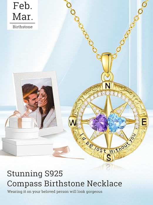 Zeuslia Double Birthstone Necklace Gifts for Wife - 925 Sterling Silver Sunflower/Rose/Crown Cross/Compass/Heart Pendant I Love You Necklace, Anniversary Birthday Gifts for Wife Girlfriend Mom Her