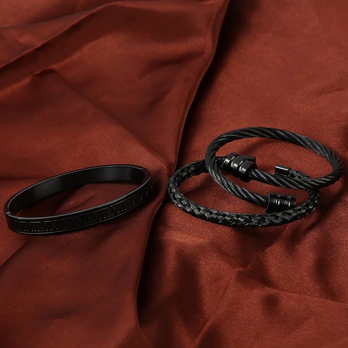 WFYOU 3PCS Stainless Steel Bracelets for Men Gold Roman Numeral Bangle Bracelet Twisted Cable Bracelet Adjustable Cuff Bracelet Mens Luxury Jewelry Bracelets Gifts