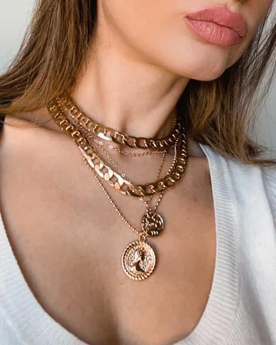 MJartoria Layered Necklaces for Women Trendy Retro Coin Pendant Necklace Dainty Chunky Chain Choker Necklaces for Jewelry Birthday Gifts