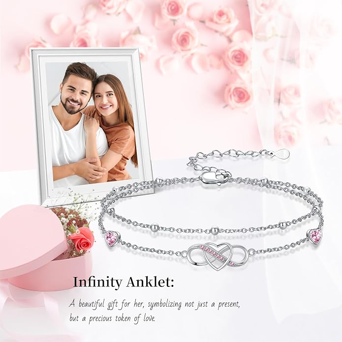 Anklet for Women 925 Sterling Silver Double Infinity Ankle Bracelet Waterproof Summer Jewelry Anniversary Birthday Gifts for Her