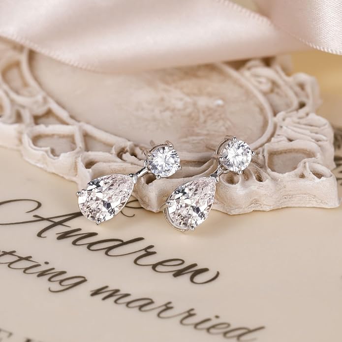 EAMTI Teardrop Wedding Earrings for Women Cubic Zirconia Dangle Bridal Earrings 925 Sterling Silver Post Pear Cut Earring for Prom Bridesmaid