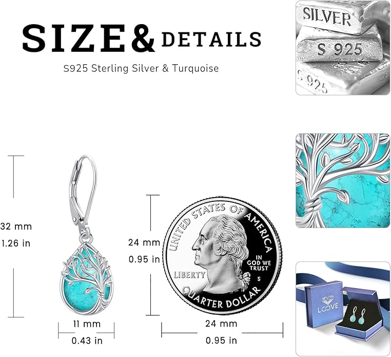 Black Cat/Turtle/Moonstone//Turquoise/Flower/Tree of Life Earrings Sterling Silver Cute Animal Leverback Dangle Earrings Jewelry Gifts