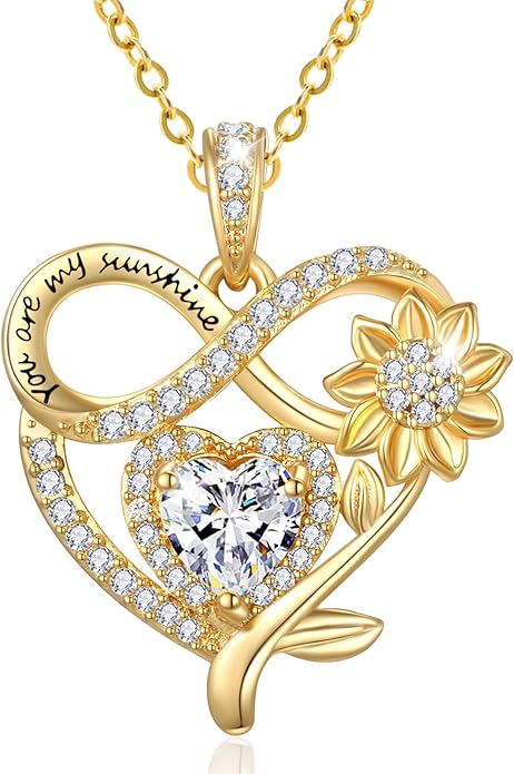14K Gold Sunflower Heart Necklace for Women, You Are My Sunshine Jewelry with Birthstone Pendant, Anniversary Birthday Gifts for Her Wife Mom Grandma Daughter
