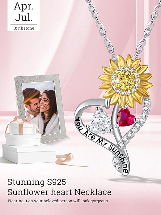 Zeuslia Double Birthstone Necklace Gifts for Wife - 925 Sterling Silver Sunflower/Rose/Crown Cross/Compass/Heart Pendant I Love You Necklace, Anniversary Birthday Gifts for Wife Girlfriend Mom Her
