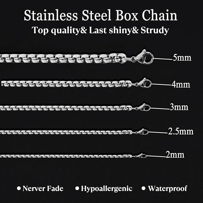 IGOBATA Stainless Steel Round Box Link Chain Necklace 2mm/2.5mm/3mm/4mm/5mm Silver Tone Hypoallergenic Jewelry for Men and Women with Lobster Clasp 16 to 30 Inch