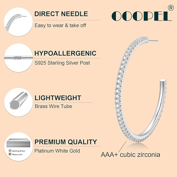 925 Sterling Silver Earrings Large Rhinestone Hoop Earrings Big Cubic Zirconia Hoop Earrings Thin Rhinestones Round Hoop Earrings for Women 20/30/40/50/60/70mm Sparkly Hoops With Crystals for Womens