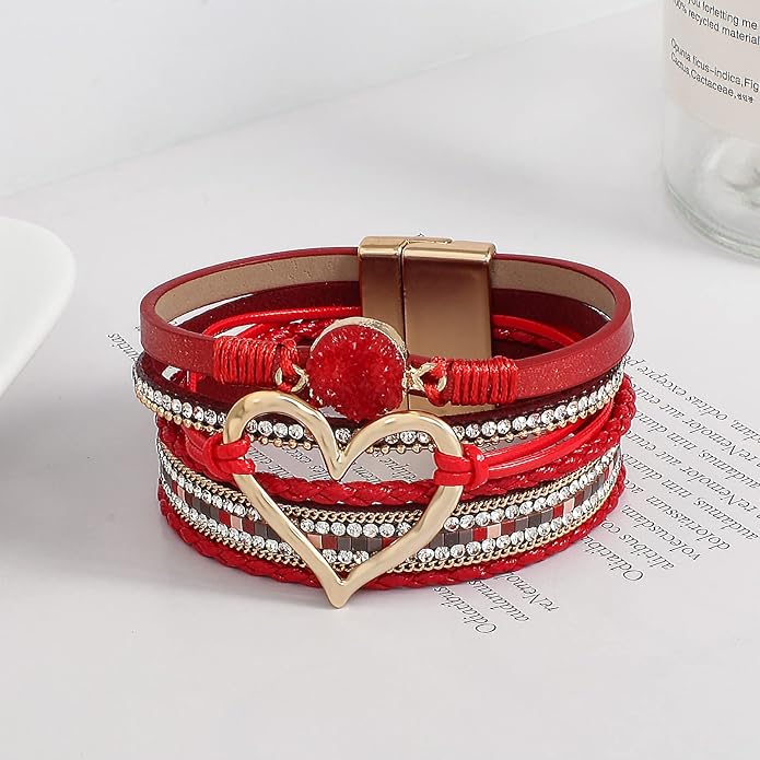 Leather Wrap Bracelet for Women Beaded Cuff Bracelet with Heart-shape Decor Bohemian Crystal Bracelet Jewelry with Clasp Bangle Bracelet for Women Girls Birthday Holiday Gift