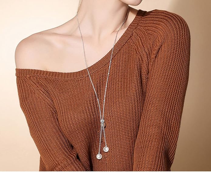 YinShan Long Chain Dainty Necklace Simple Style 925 Sterling Silver Heart Pearl Star Pendant Adjustable Y Shaped Necklace Jewelry for Women