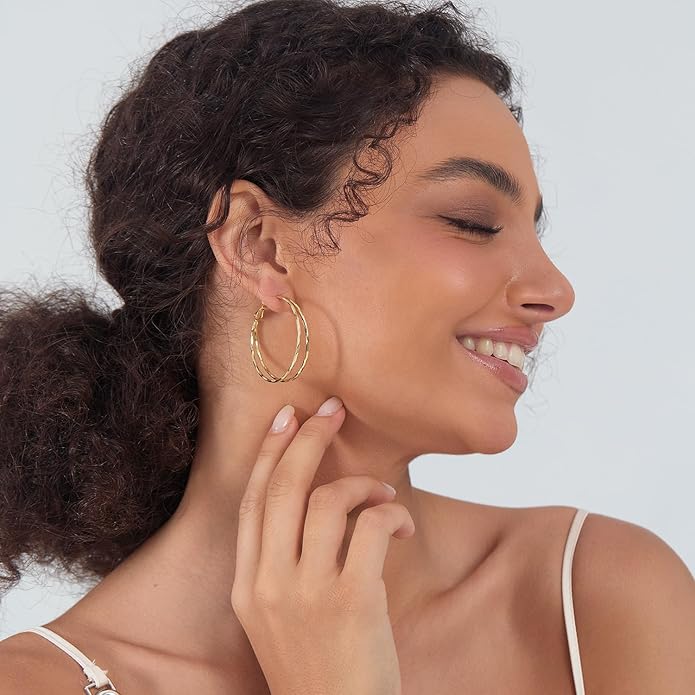 Diamond-Cut Double Hoop Earrings for Women 14k Gold Plated 925 Sterling Silver Posts Lightweight Hypoallergenic Split Hoop Earrings Trendy Jewelry Gifts for Women