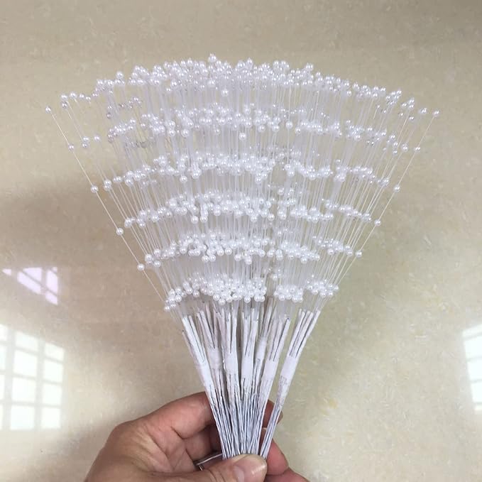 100 Pieces String Pearls Sticks, BetterJonny 3mm Beads String Creative Pearl Flower Stem Bead Sticks Pearl Beaded Stems DIY Floral Bead Strands for Party Decoration (White)