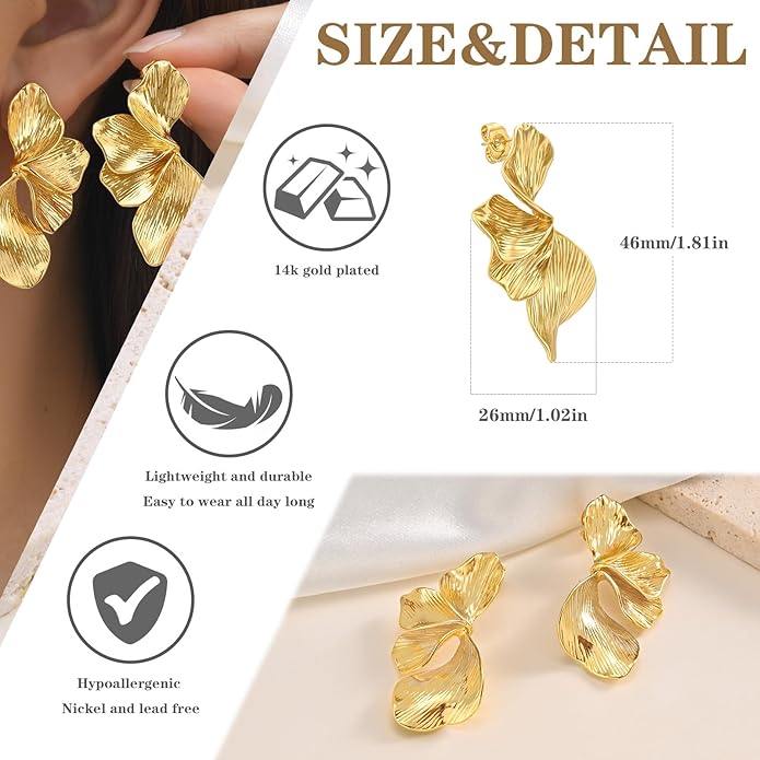 Womens Floral Gold Studs Earrings - 14K Gold Plated Earring,Personality Summer Big Flower Stud,Hypoallergenic Statement Chunky Ear Rings Aretes Trendy Jewelry,Christmas Birthday Prom Gifts for Her