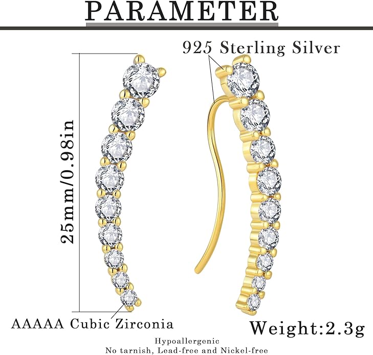 Climber Earrings for Women 925 Sterling Silver Ear Crawler Earrings White/Yellow/Rose Gold Plated Cubic Zirconia Earrings Jewelry